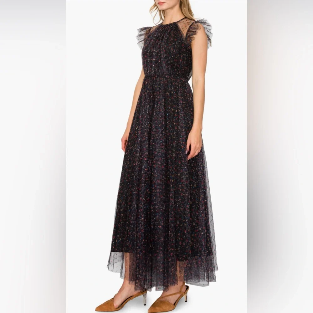 MELLODAY Flutter Sleeve Mesh Maxi Dress In Black Dot Floral New - Picture 3 of 13